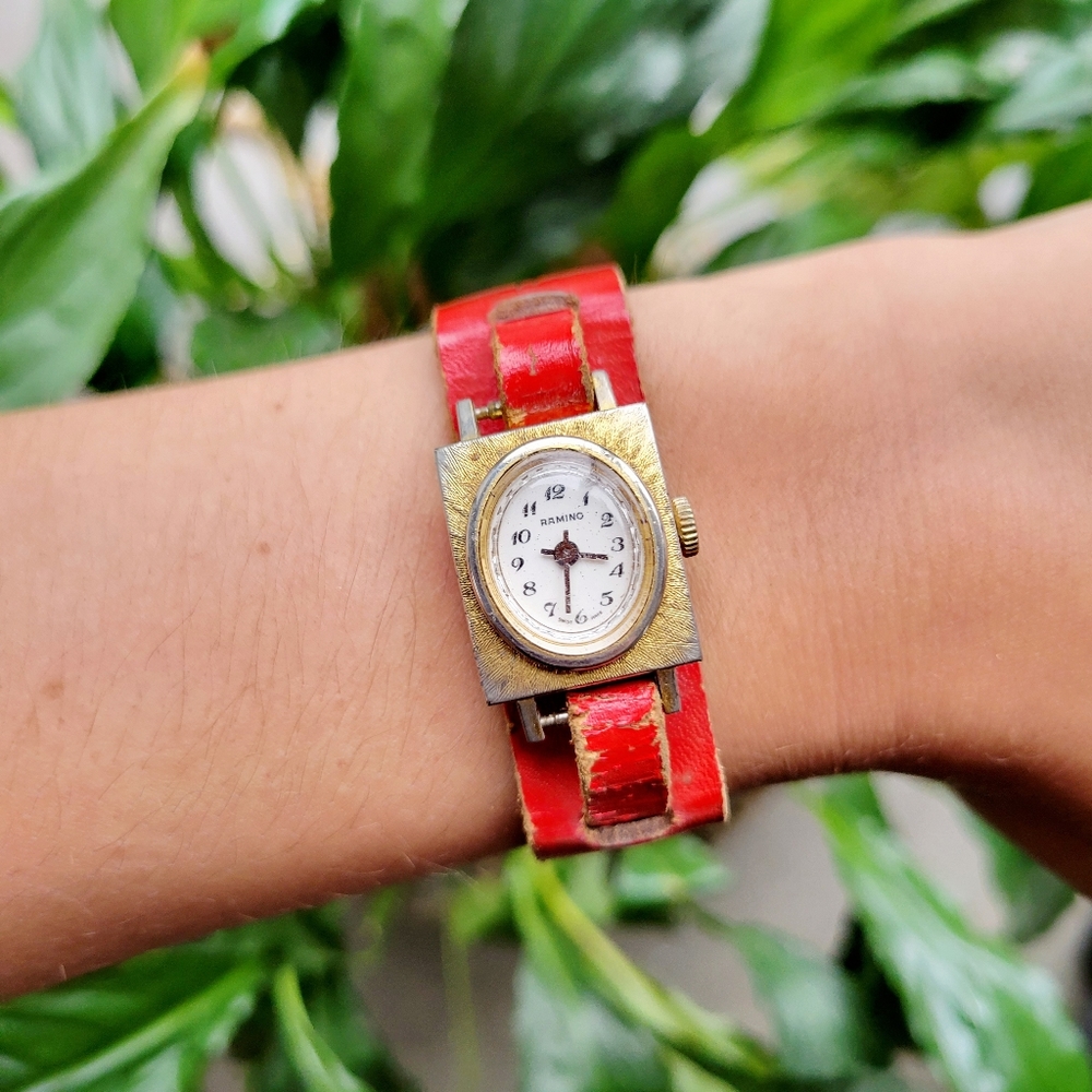 Vintage Swiss Ramino Red Leather Watch